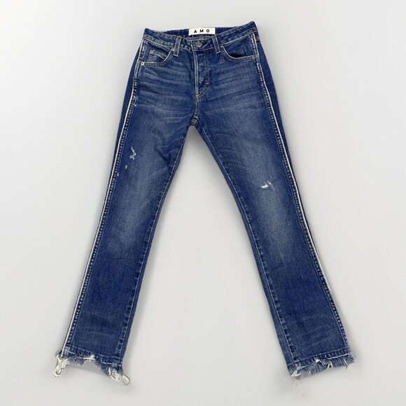 AMO Babe Dark Blue Wash High Rise Cropped Denim Jeans Raw Hem Women's Size 25 - Picture 1 of 8